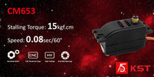 Laden Sie das Bild in den Galerie-Viewer, KST CM653 V8.0 18kgf.cm 8.4V low profile RC servo
KST CM653 low profile high torque digital servo
KST CM653 8.4V servo for RC gliders and aircraft
18kgf.cm low profile HV servo for model aircraft
KST CM653 compact RC servo for glider wings
KST CM653 V8.0 RC servo Best.-Nr. CM653